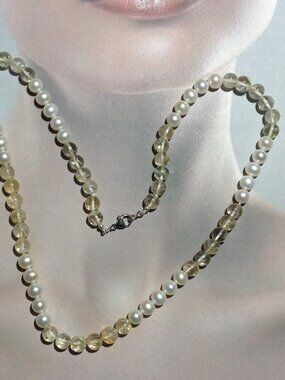 White Freshwater Pearl and Yellow Rutile Quartz Beads Necklace.